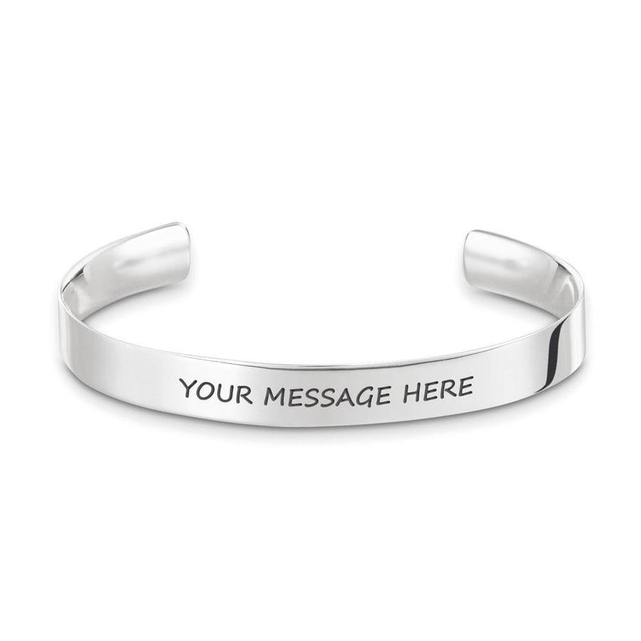 Engravable cuff bracelet in rose gold or silver, personalized with your message.

