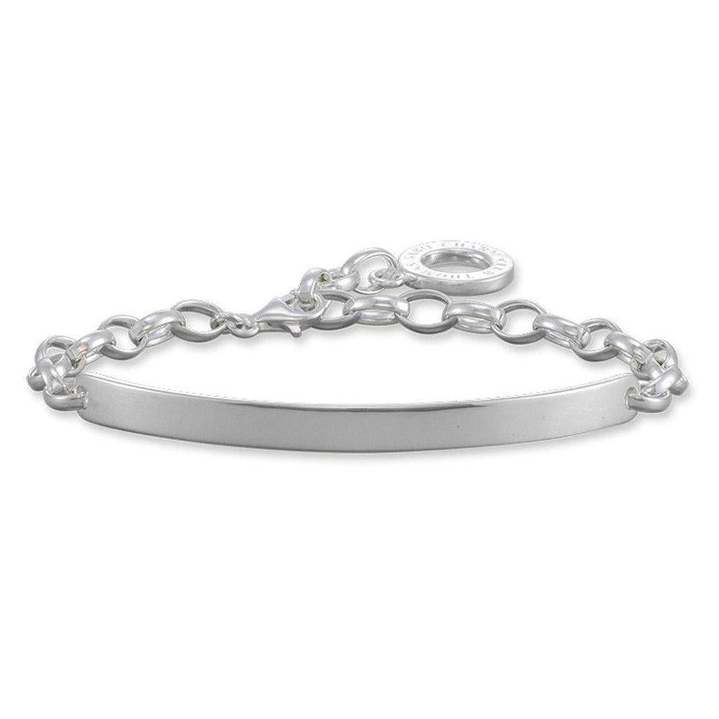 Engravable silver link charm bracelet with ID plate
