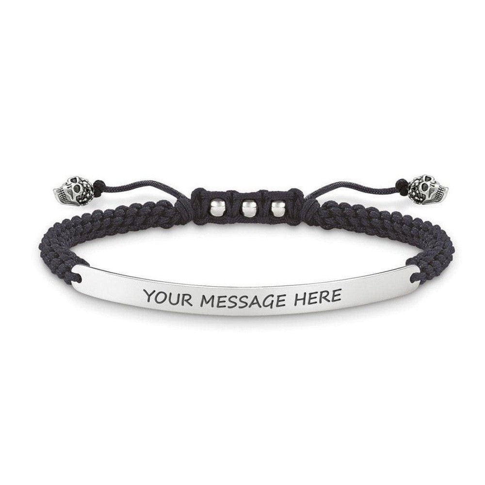 Engravable macrame bracelet with skull accents and customizable silver plate
