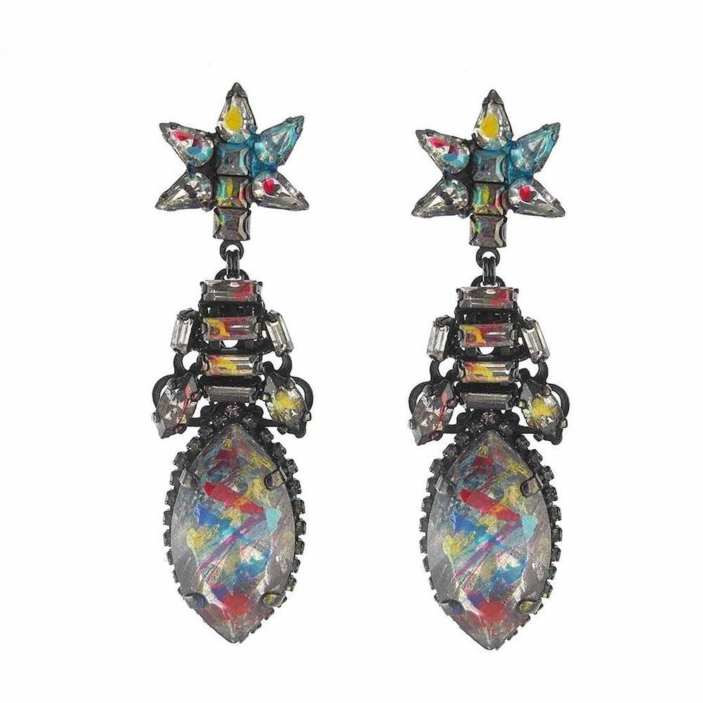 Erdem Collaboration multi-color crystal statement earrings with star and teardrop designs.
