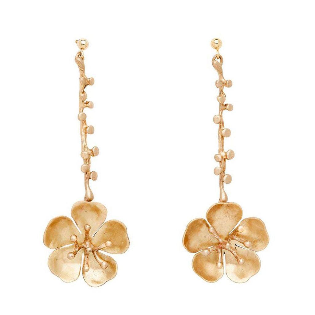 Eve Cherry Blossom gold drop earrings, featuring delicate flower and stem design.
