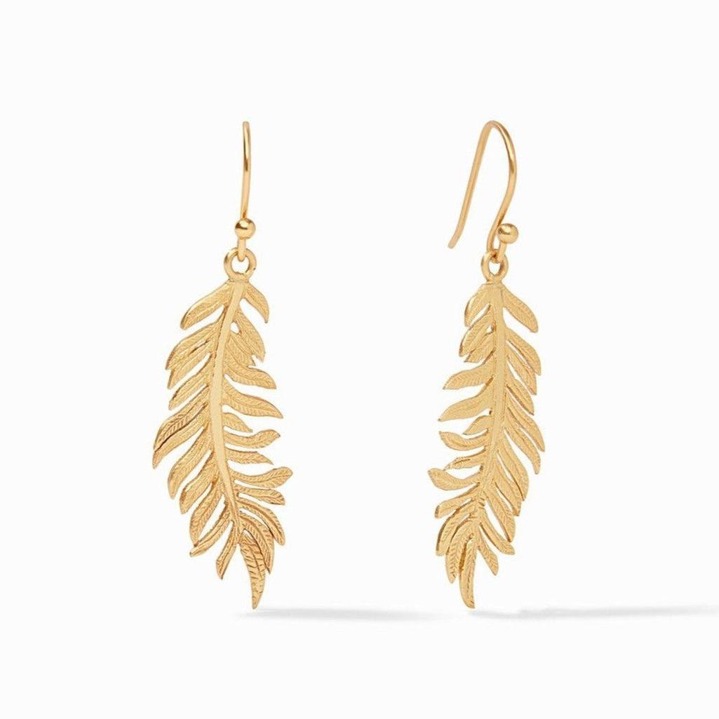 Gold Fern leaf earrings; textured, delicate design.
