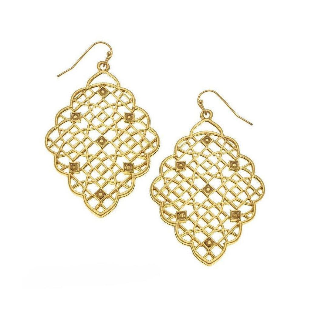 Gold filigree dangle earrings with intricate lattice design.
