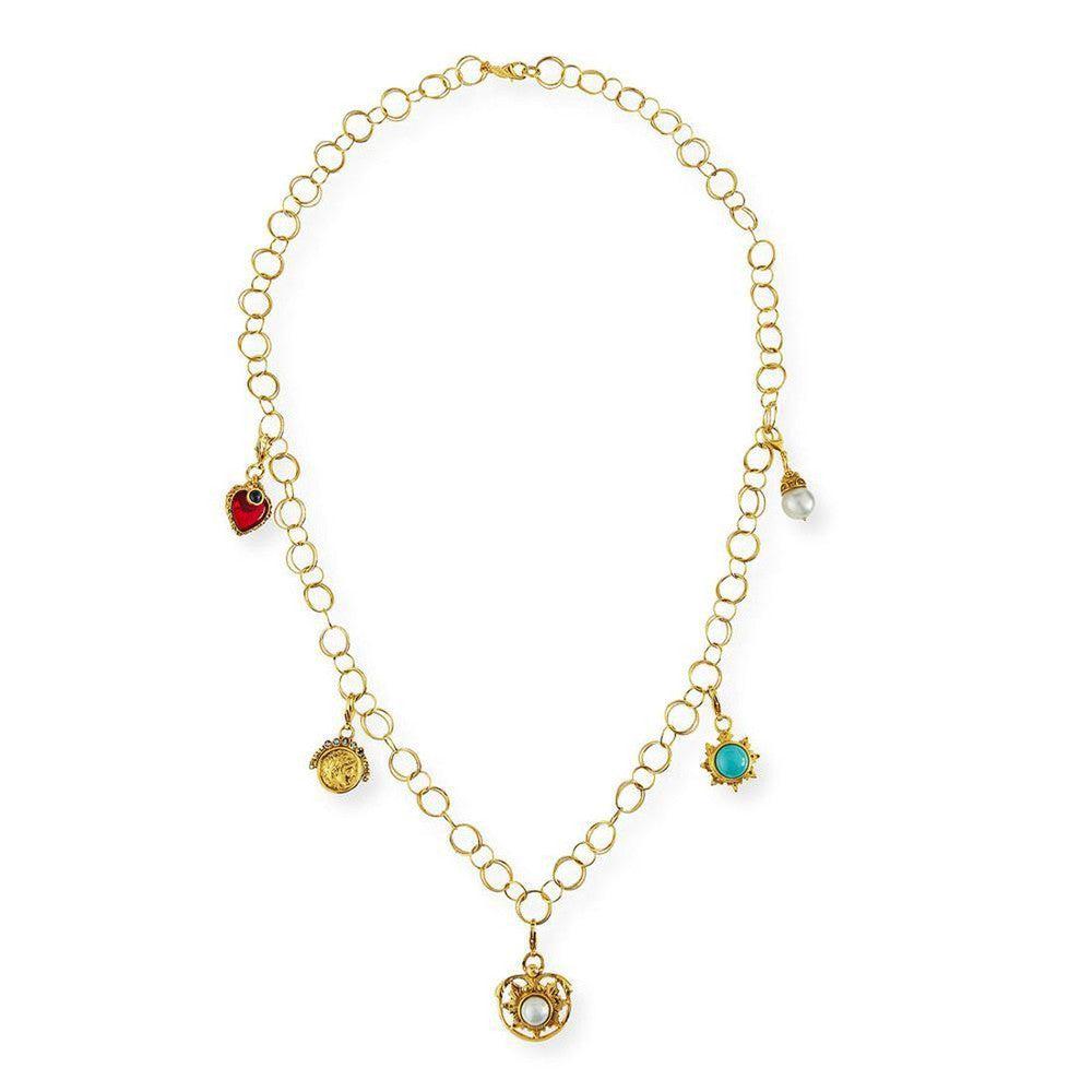 Gold Five Multi Charm Link Necklace with red, turquoise, and pearl accents.

