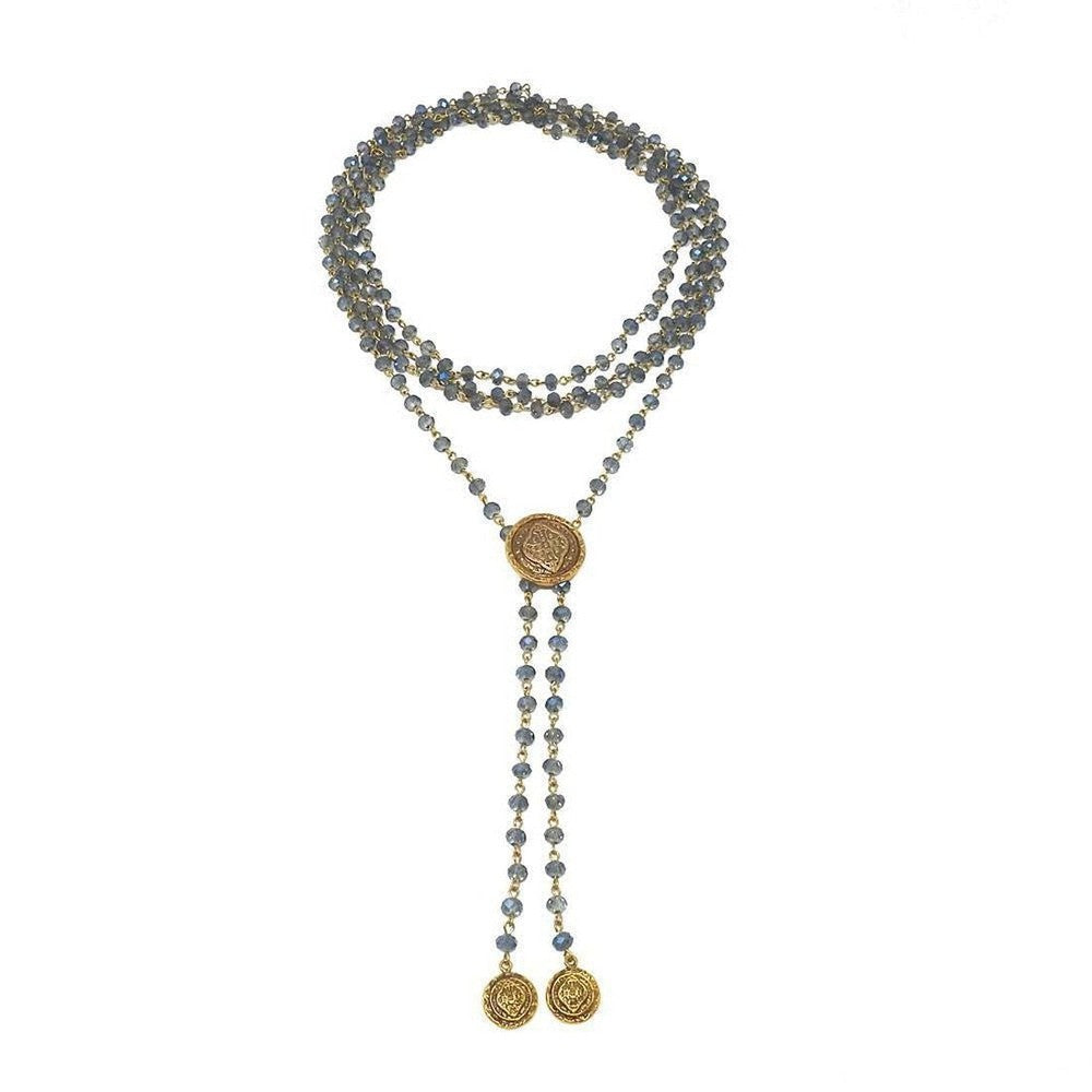 Flamenco Wrap necklace: Gray Labradorite gemstone & gold beaded lariat with antique coin accents.
