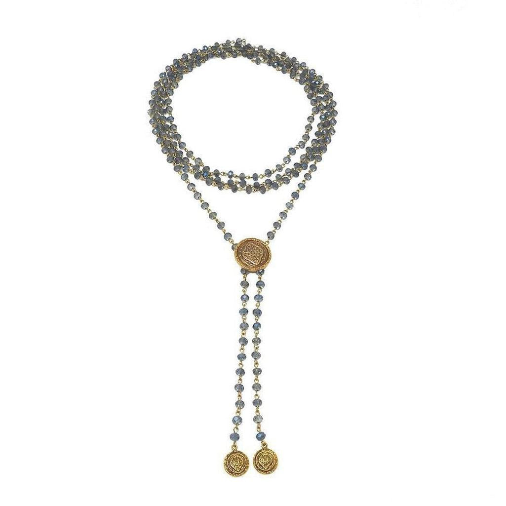Flamenco Wrap necklace: Gray Labradorite gemstone & gold beaded lariat with antique coin accents.
