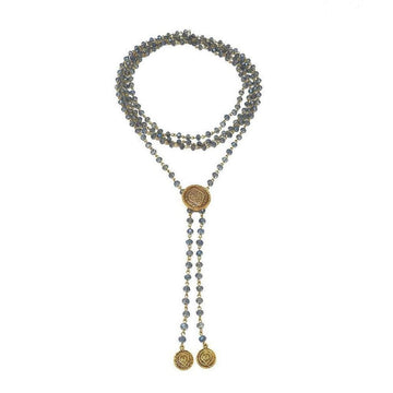 Flamenco Wrap necklace: Gray Labradorite gemstone & gold beaded lariat with antique coin accents.
