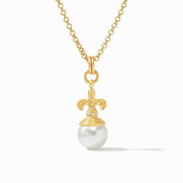 Gold Fleur-de-Lis pearl pendant necklace with shimmering accents.
