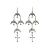 Flock of Aves earrings: Silver tone, crystal-accented birds & cross detail.

