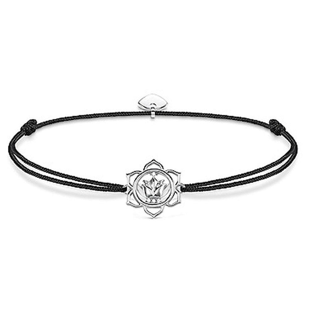 Silver floral medallion bracelet on black cord
