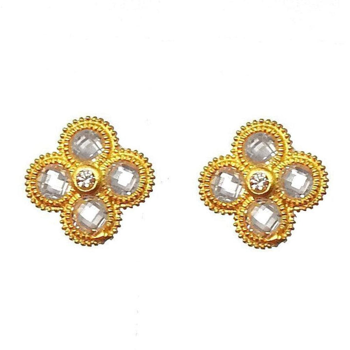 Gold flower stud earrings with clear quartz and diamond accents.
