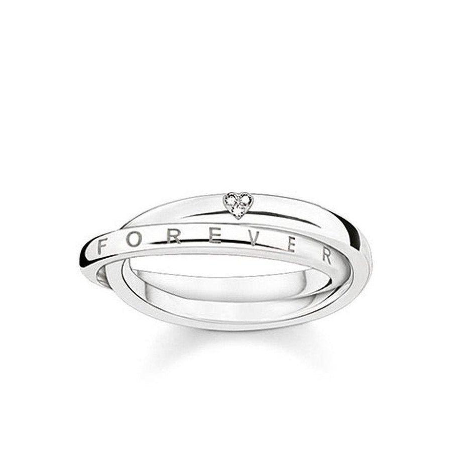 Forever Together diamond ring: sterling silver band, engraved "FOREVER," featuring a heart-shaped diamond accent.
