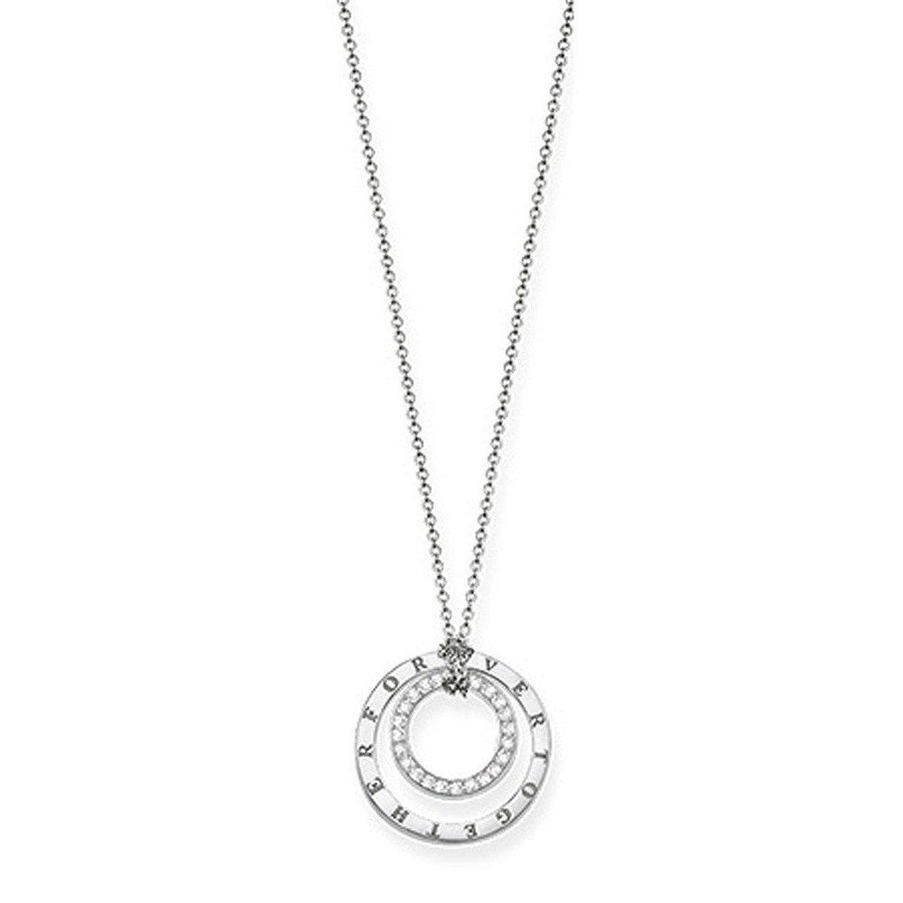 Forever Together necklace with interlocking circles, one set with diamonds, on a delicate chain.
