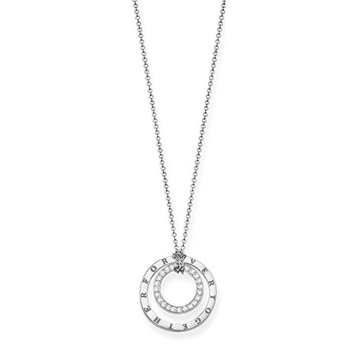 Forever Together necklace with interlocking circles, one set with diamonds, on a delicate chain.
