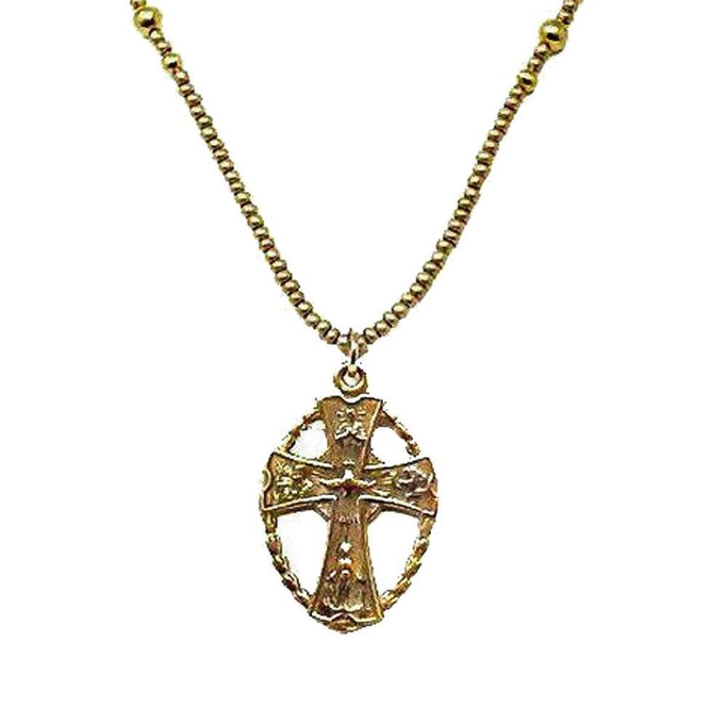 Gold Four Way Cross necklace with seed pearl chain.
