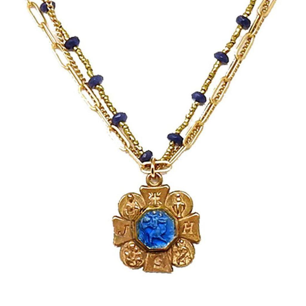Gold Four Way JHS Cross necklace with blue gemstone & beaded chain
