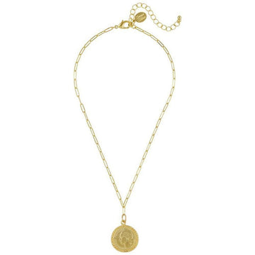 Gold coin pendant necklace with a paperclip chain.
