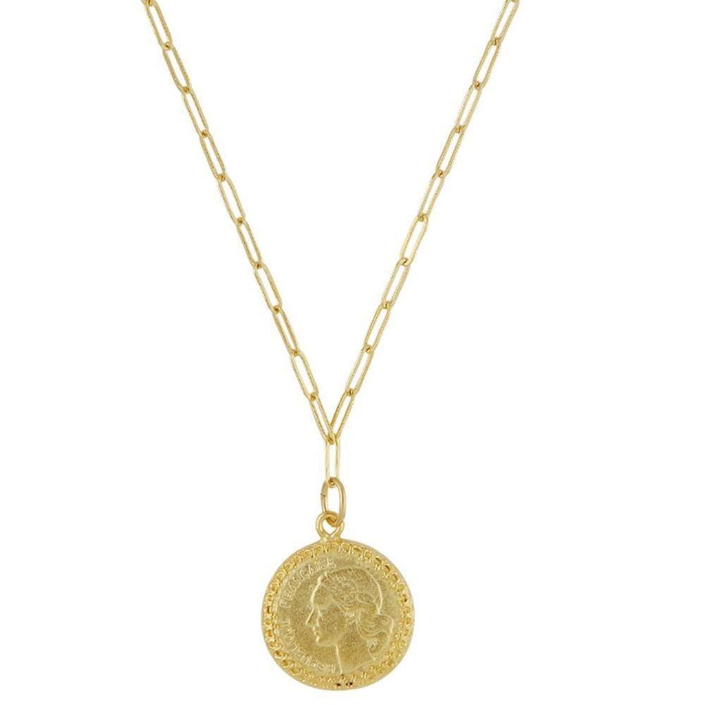 Gold Franc coin pendant necklace with paperclip chain.
