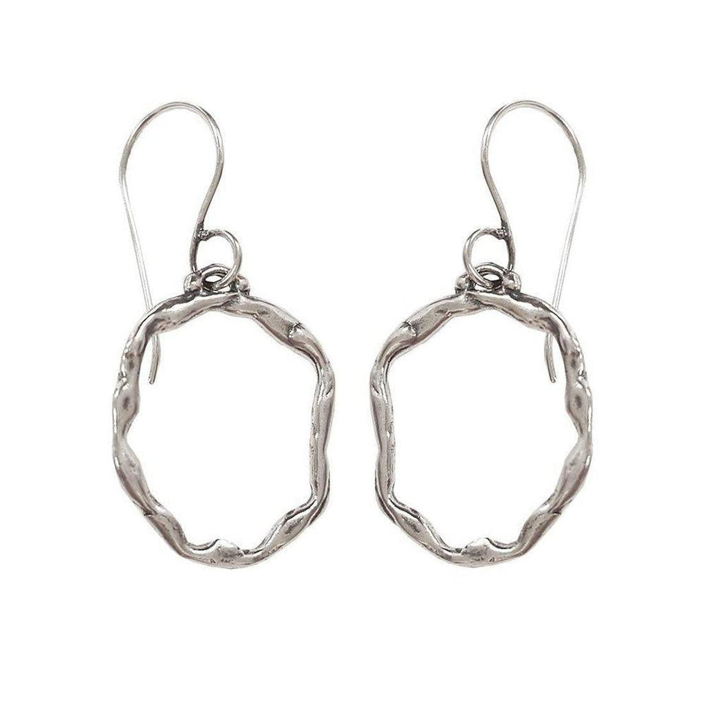 Silver freeform hoop earrings with textured finish
