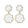 Gardenia double-flower drop earrings in white mother-of-pearl with gold accents.

