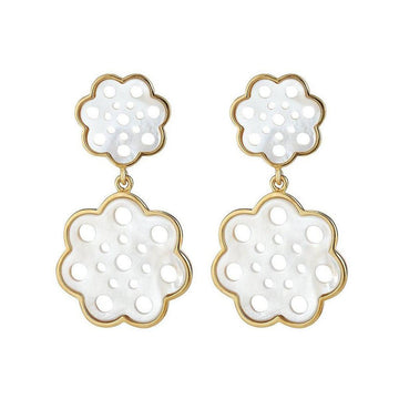 Gardenia double-flower drop earrings in white mother-of-pearl with gold accents.
