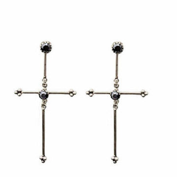 Silver cross earrings with dark gray stones.
