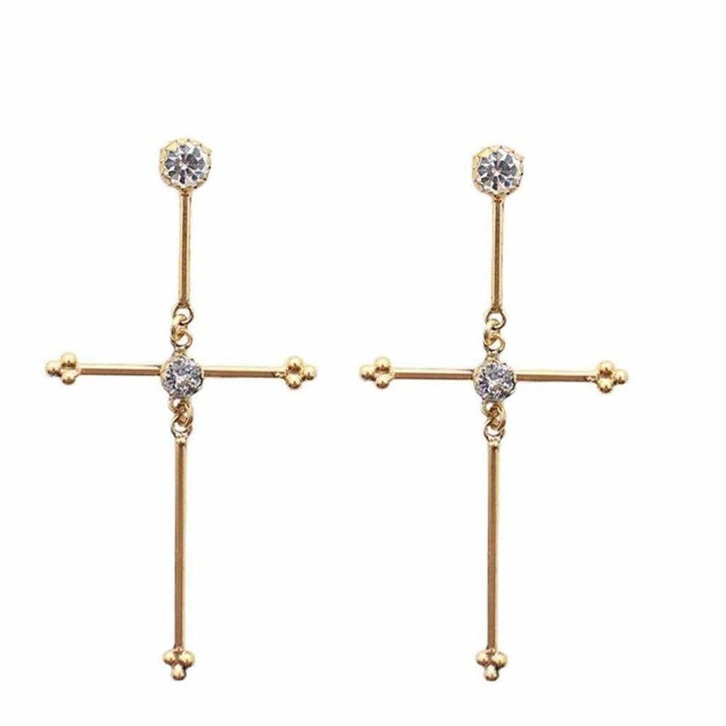 Garland gold cross earrings with clear cubic zirconia accents

