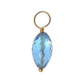 Light blue gemstone pendant with gold wire and loop.
