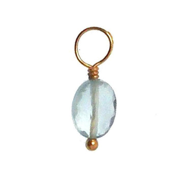 Oval aquamarine gemstone pendant with gold wire accents.
