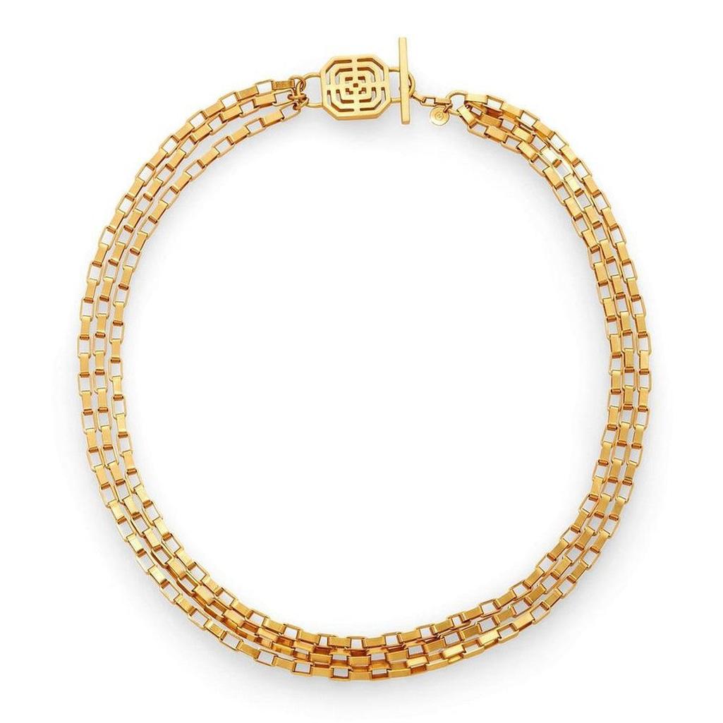Geneva Triple Strand Necklace: Gold-tone layered chain necklace with geometric clasp.
