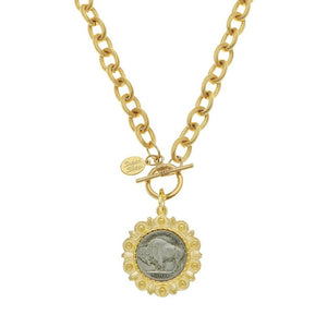 Genuine Buffalo Nickel on 24kt Gold Plated Necklace-Susan Shaw-Swag Designer Jewelry