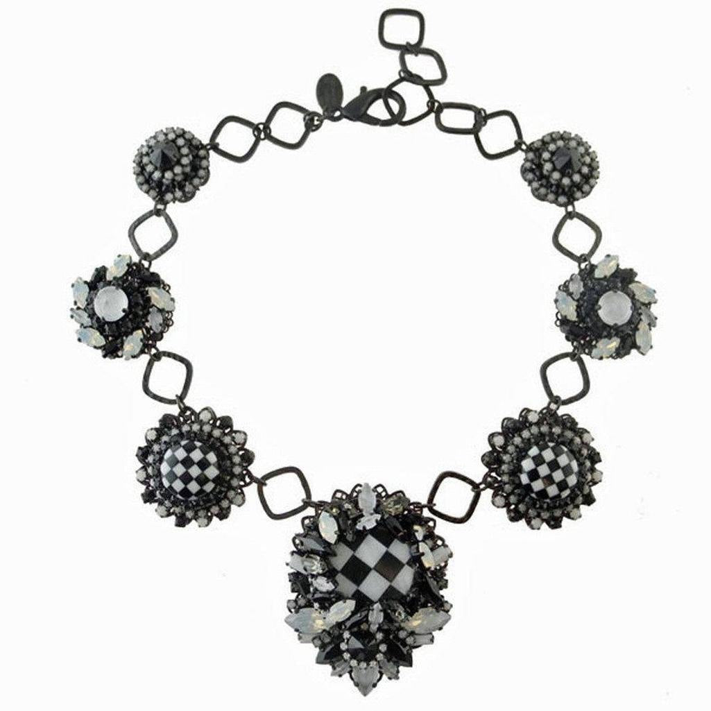 Black & white checkerboard statement necklace with crystal accents
