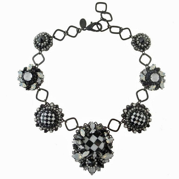 Black & white checkerboard statement necklace with crystal accents
