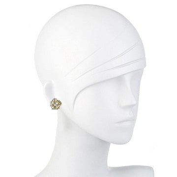 Elegant floral stud earrings on a mannequin, showcasing delicate pearl and gold accents.
