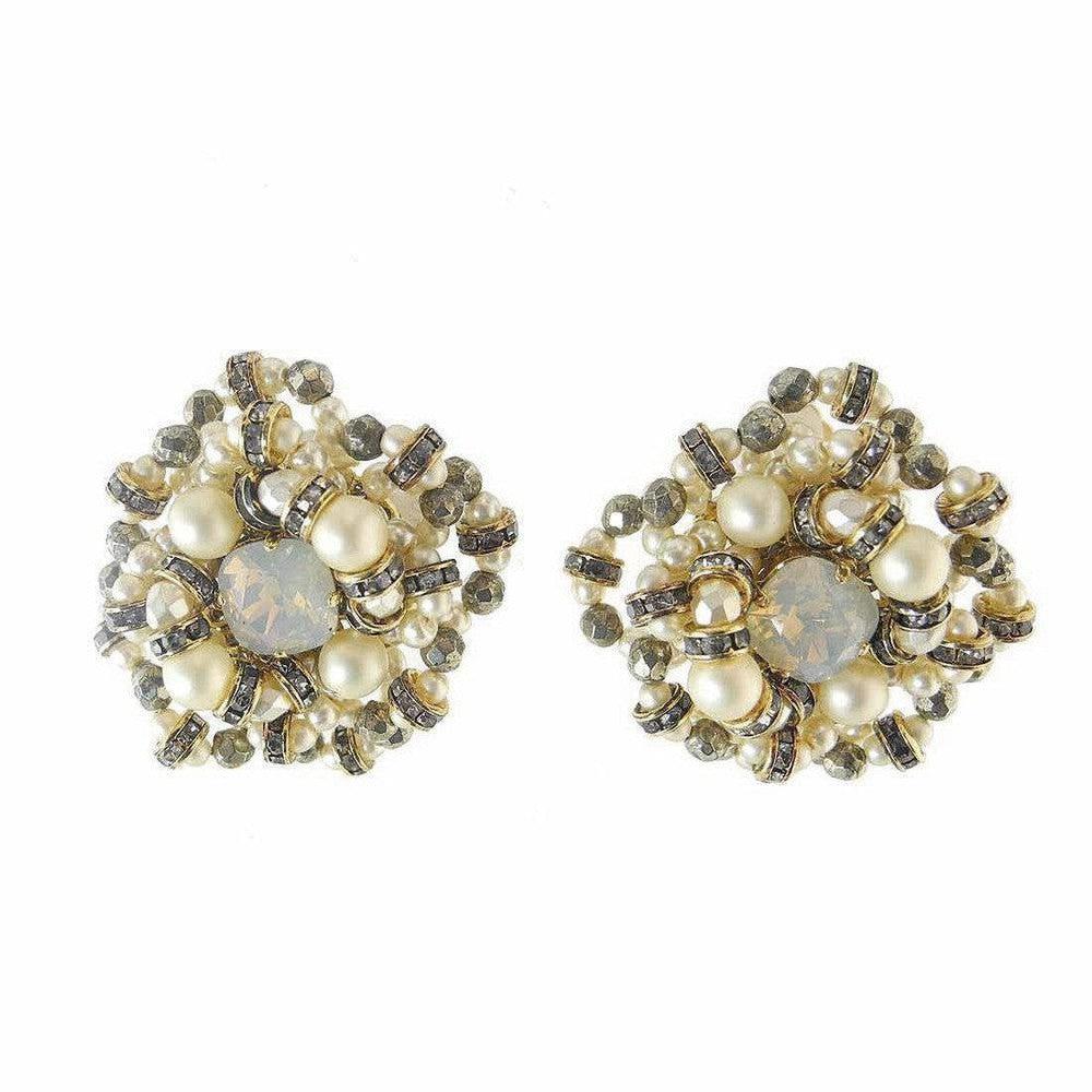 Girlie Queen pearl & pyrite statement earrings with opal center
