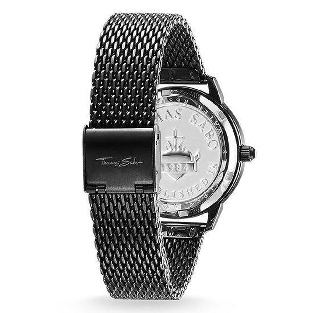 Black mesh band watch back, showcasing engraved details and clasp.
