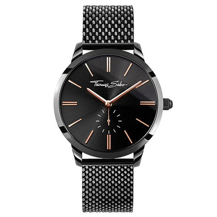 Glam Spirit watch, Thomas Sabo, black dial with rose gold hands, black metal mesh band.
