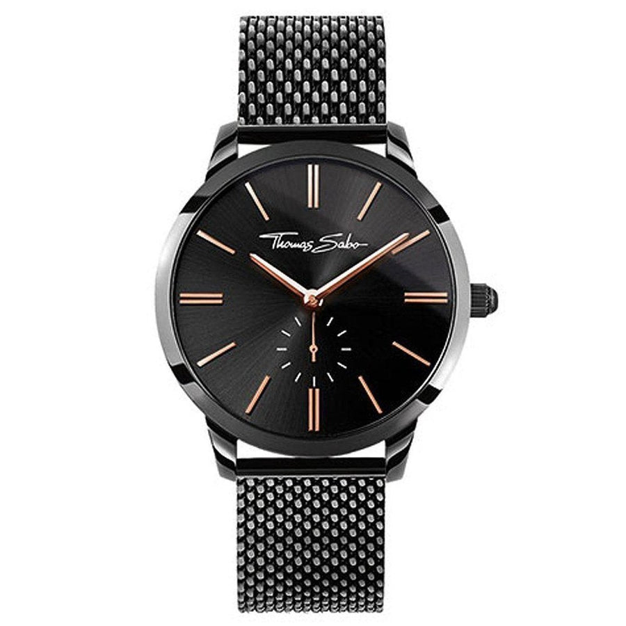 Glam Spirit watch, Thomas Sabo, black dial with rose gold hands, black metal mesh band.

