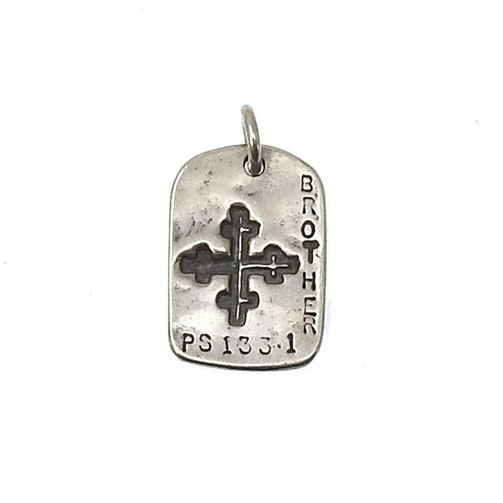Silver God Tag Brother pendant featuring a cross and Psalm 133:1.
