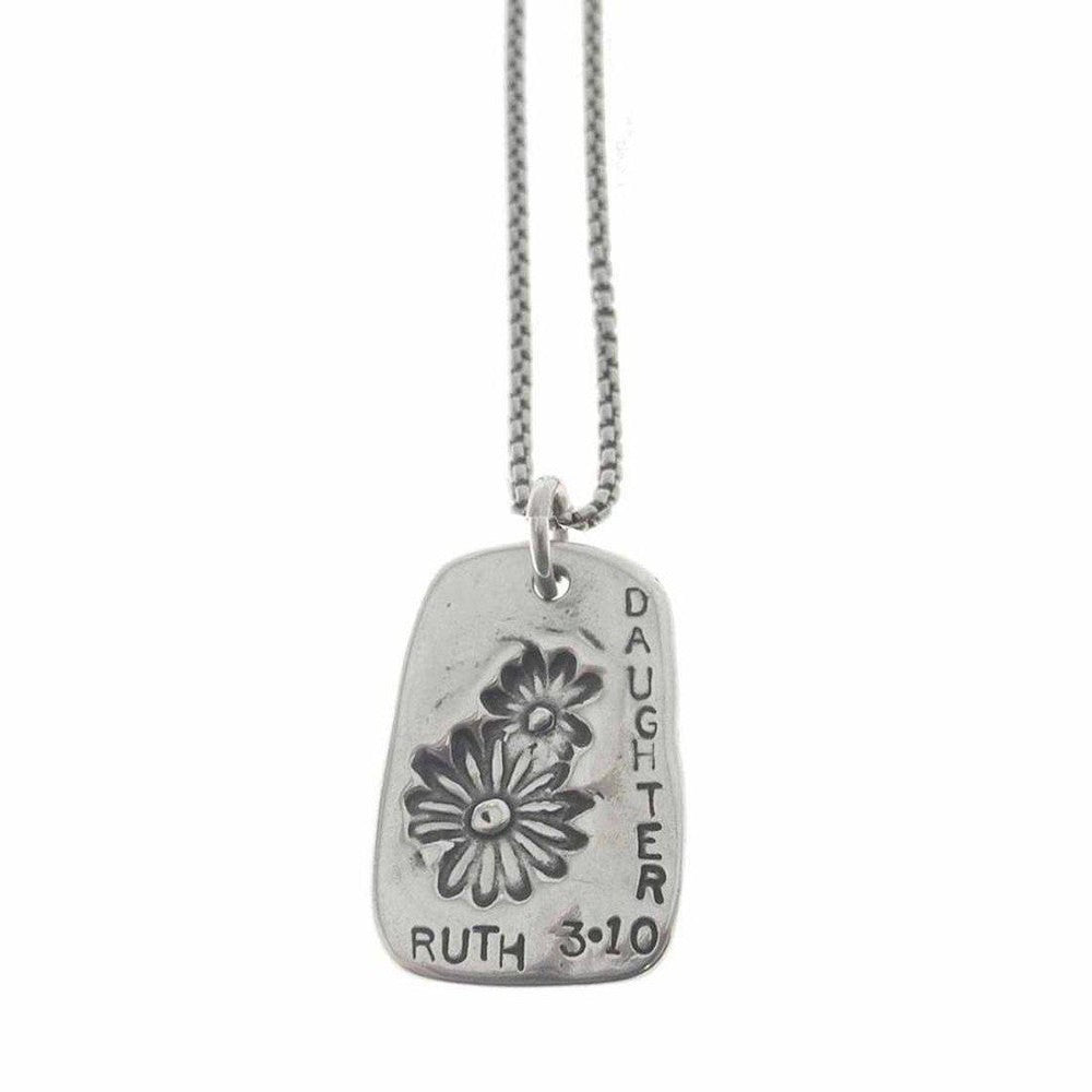 Silver necklace featuring a rectangular pendant with floral etching and "Daughter Ruth 3:10" inscription.
