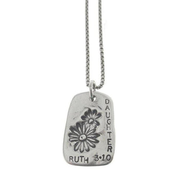 Silver necklace featuring a rectangular pendant engraved with "Daughter" and "Ruth 3:10," adorned with embossed floral details.
