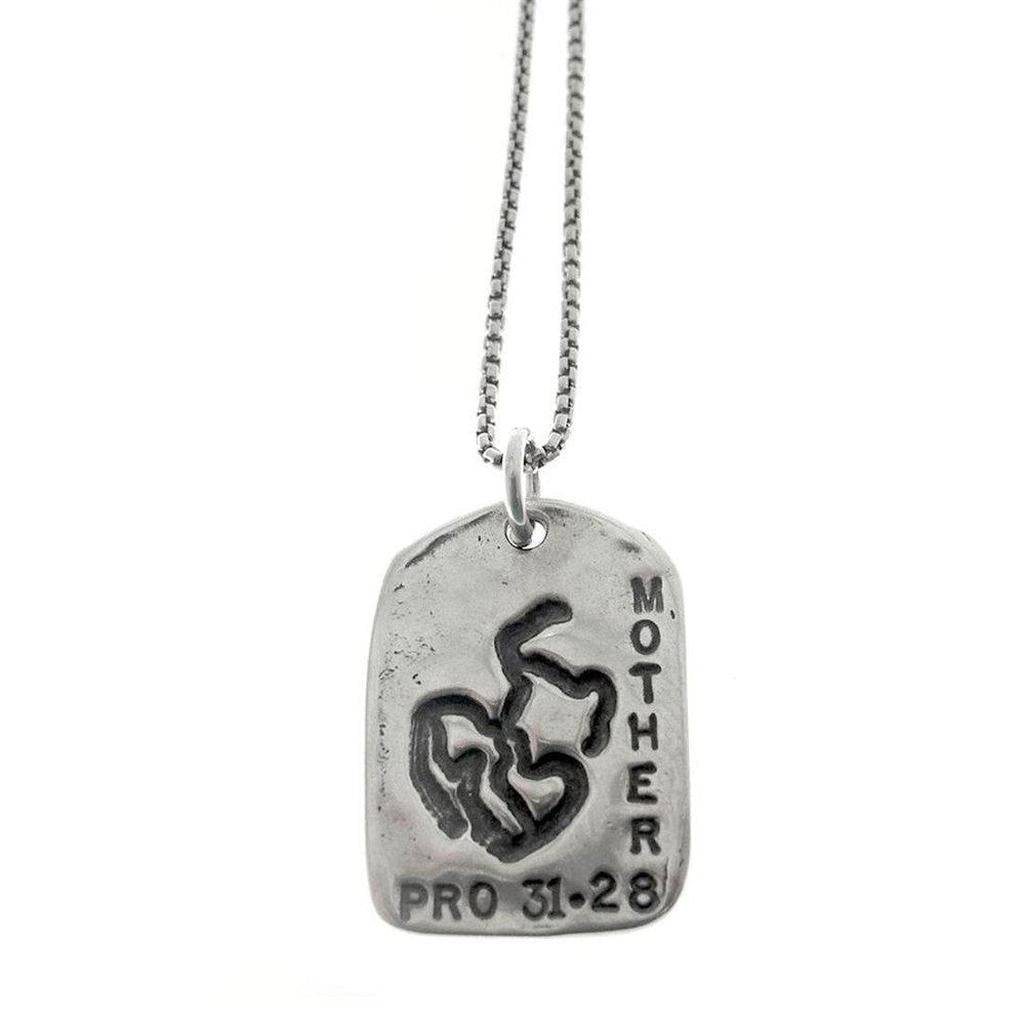 Silver Mother's Day necklace featuring Proverbs 31:28  engraving.
