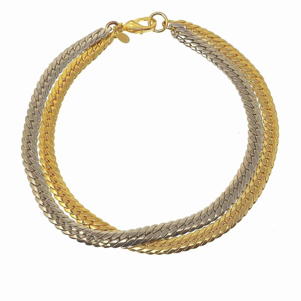 Gold and silver double chain necklace; intertwined design.
