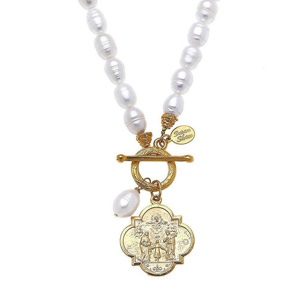 Susan Shaw gold coin pendant necklace with freshwater pearls & Holy Family medallion.
