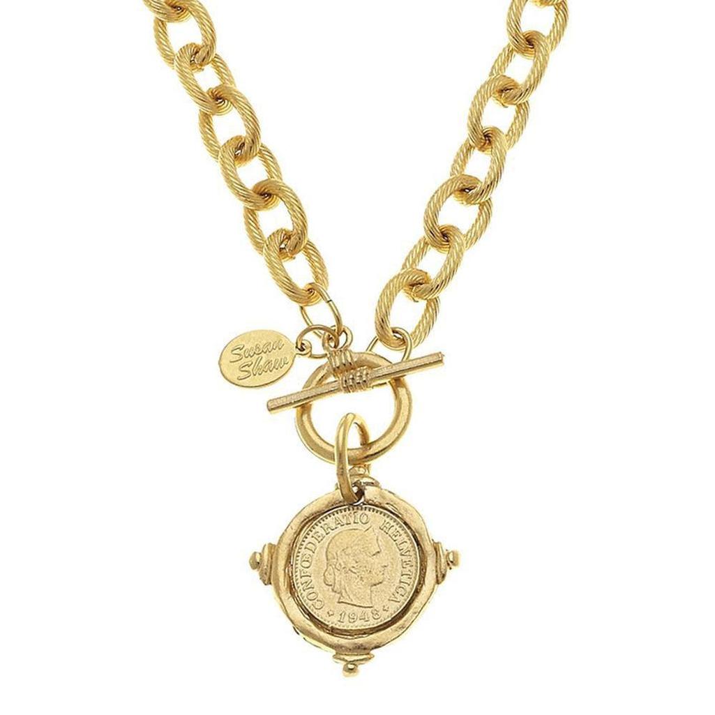 Gold coin pendant necklace with a toggle clasp and thick chain, Susan Shaw design.
