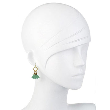 Sage green tassel earrings with gold accents, shown on a mannequin.
