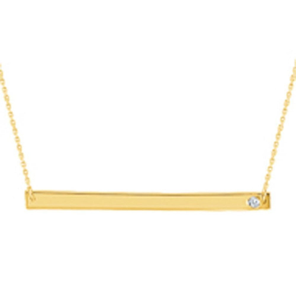 Gold bar necklace with diamond accent, engravable for personalization.
