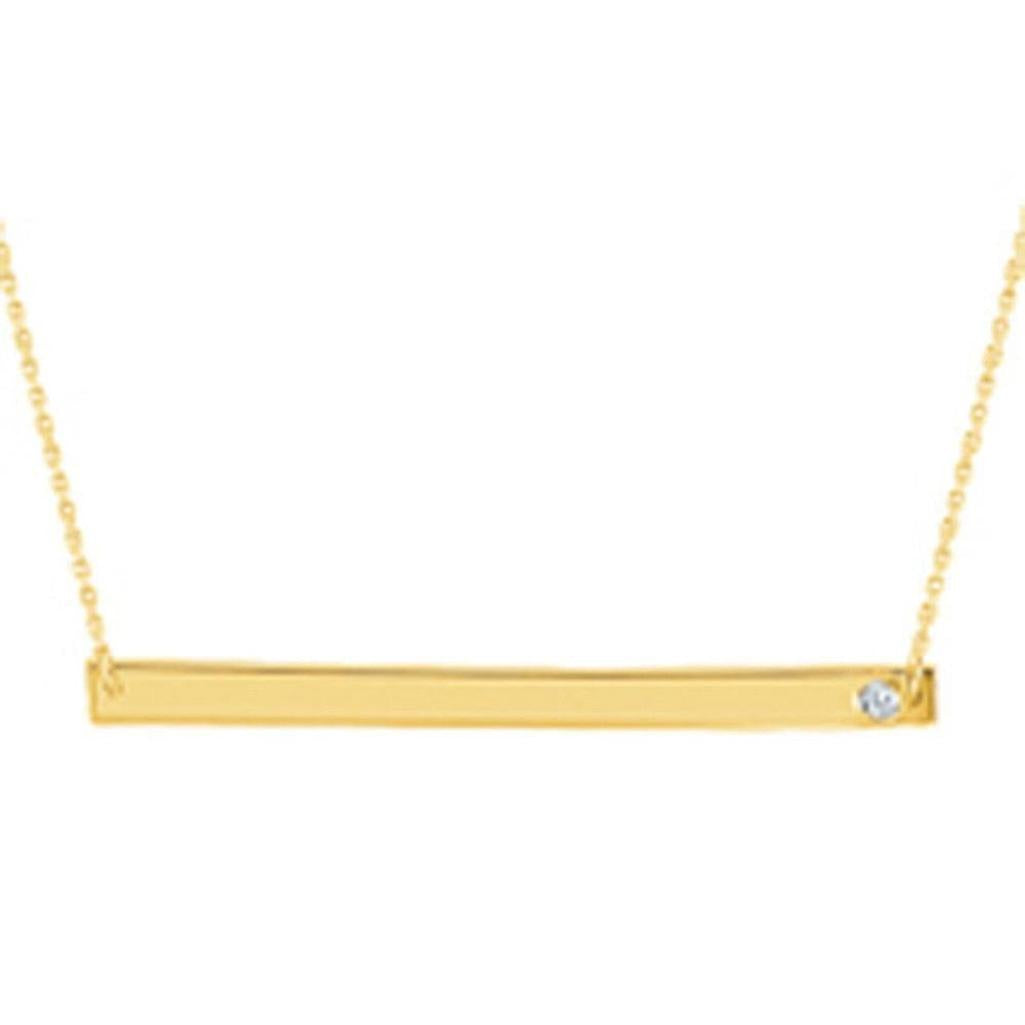 Gold bar necklace with diamond accent, engravable for personalization.
