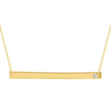 Gold bar necklace with diamond accent, engravable for personalization.
