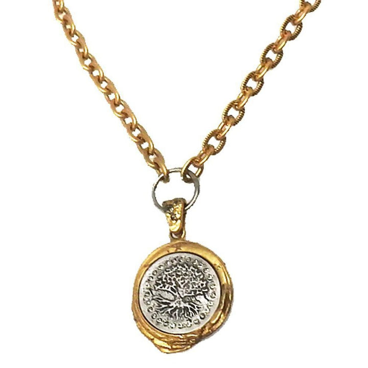 Gold Guna Wax Seal Pendant necklace with tree of life charm

